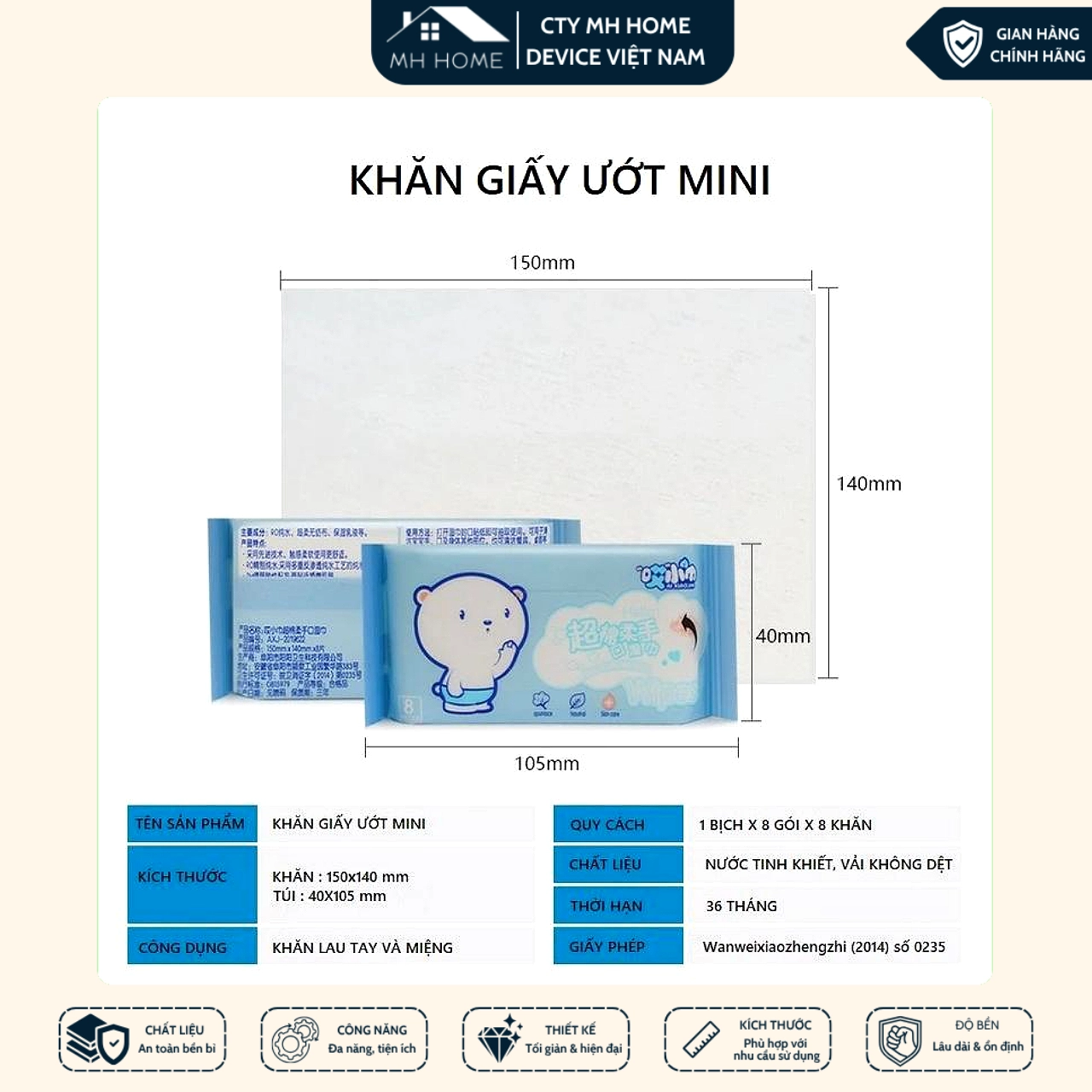 Bịch 64 Khăn Ướt Mini (Set 8 Gói) Bỏ Túi Tiện Lợi Dịu Nhẹ Làm Sạch Hằng Ngày | MH Home